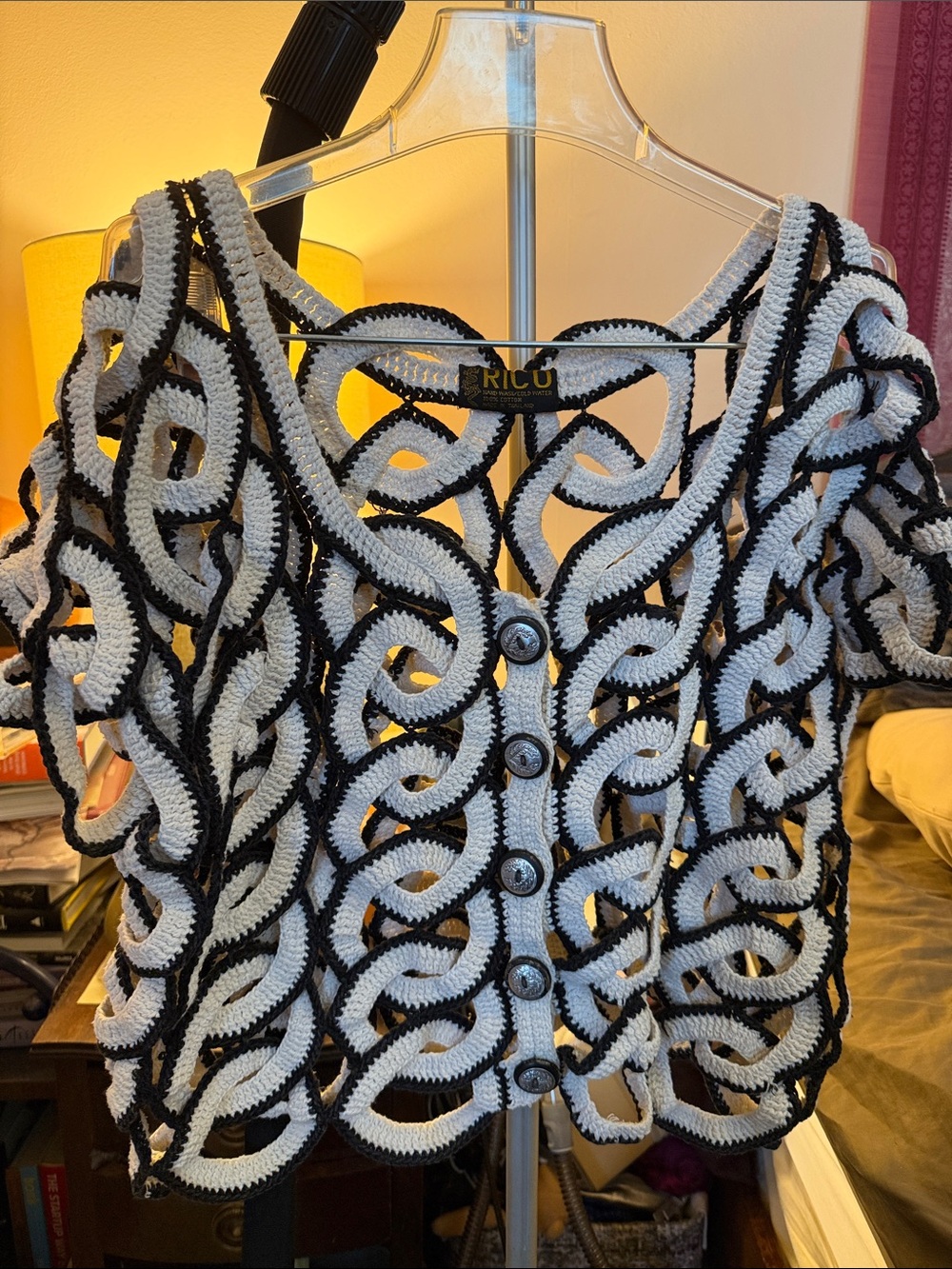 SALE!! Deal!! Vintage Black & White Crochet Openwork Button-Front Cardigan